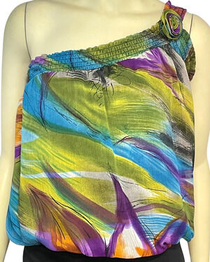 3-FOR-$30 Vtg Y2K One-Shoulder Top Blouson Smocked Hem Colorful Watercolors Glam